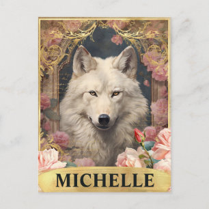 Carte Postale Aquarelle Vintage Loup Blanc et Roses Roses