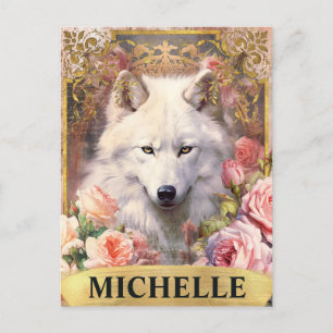 Carte Postale Aquarelle Vintage Loup Blanc et Roses Roses