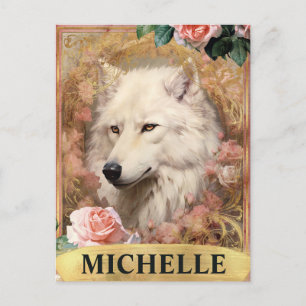 Carte Postale Aquarelle Vintage Loup Blanc et Roses Roses