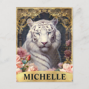 Carte Postale Aquarelle Vintage Tigre Blanc et Roses Roses
