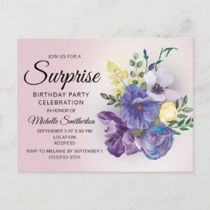 Carte Postale Aquarelle violette Florale Surprise rose Anniversa