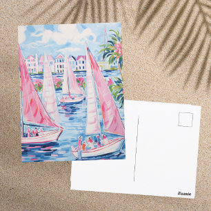 Carte Postale Aquarelle vive Bateaux à voile rose Tropical Coast