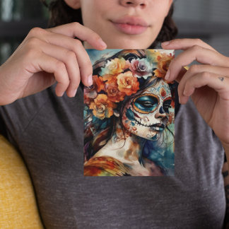 Carte Postale Aquarelle vive Dia de los Muertos Catrina
