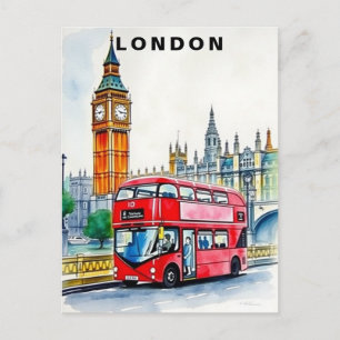Carte Postale Aquarelle Voyage Bus Londres Royaume-Uni