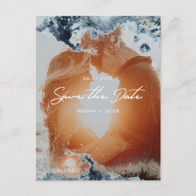 Carte Postale Aquarelle Waves Photo Enregistrer la date (Devant)