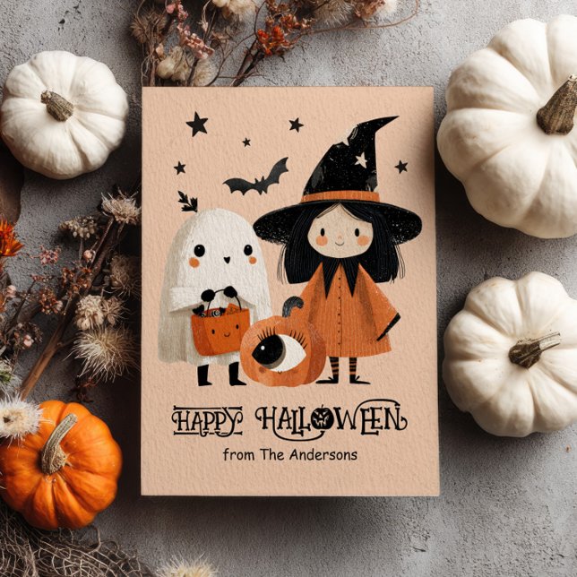 Carte Postale Aquarelle Whimsical Witch & Ghost Halloween person (Créateur téléchargé)