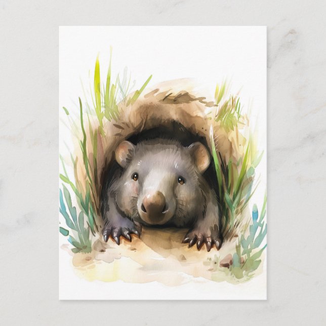 Carte Postale Aquarelle Wombat Peeking de Burrow (Devant)