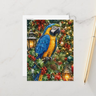 Carte Postale Ara bleu et or à la lumière des bougies de Noël