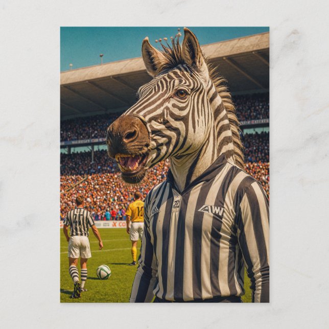 Carte Postale Arbitre zébrée à un match de football (Devant)
