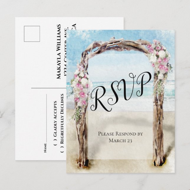 Carte Postale Arbour de plage de Driftwood avec mariage Rose RSV (Devant / Derrière)