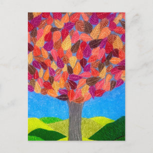 Carte Postale Arbre au crayon de couleur avec dessin de feuilles