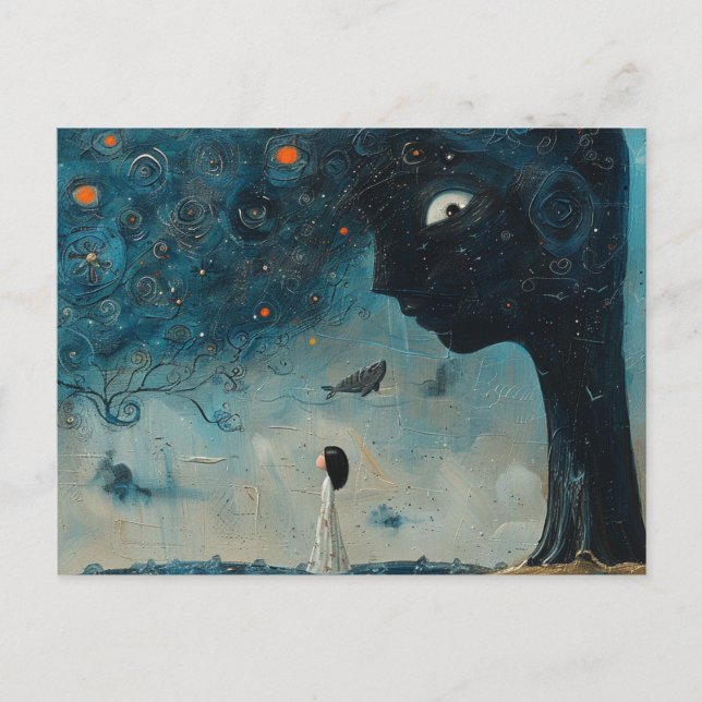 Carte Postale Arbre Bleu avec un visage Surreal Flying Whale (Devant)