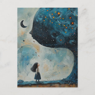Carte Postale Arbre bleu surréaliste et un enfant étonné