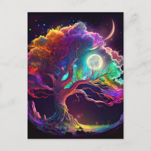 Carte Postale Arbre coloré de vie Lune Galaxie Imaginaire