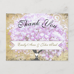 Carte Postale Arbre de lavande à feuille en cœur Mariage oiseau