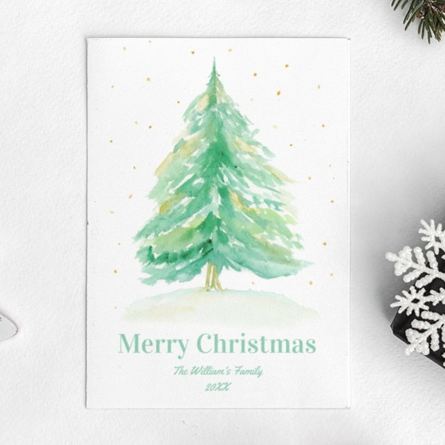 Carte Postale Arbre de Noël à l'aquarelle avec neige dorée (Créateur téléchargé)