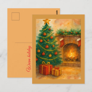 Carte Postale Arbre de Noël à l'aquarelle & Cheminée confortable