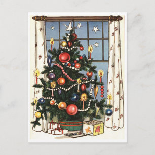 Carte Postale Arbre de Noël décoré près de la fenêtre, vintage