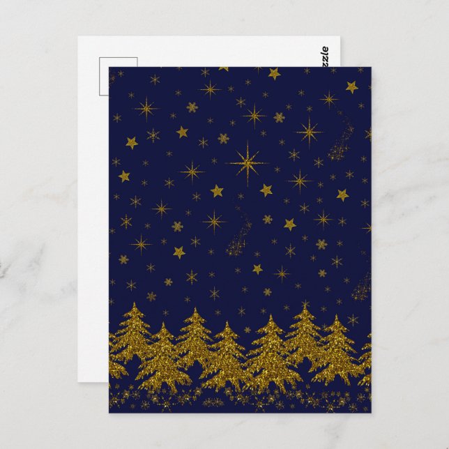 Carte Postale Arbre de Noël en or brillant, étoiles, neige sur b (Devant / Derrière)