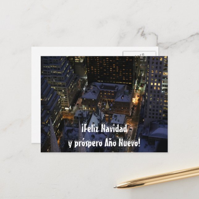 Carte Postale Arbre de Noël espagnol à Manhattan la nuit (Devant/Arrière en situation)