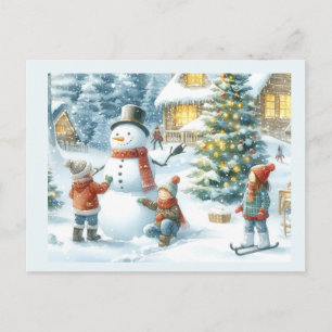 Carte Postale Arbre de Noël et Bonhomme de Neige de Fêtes