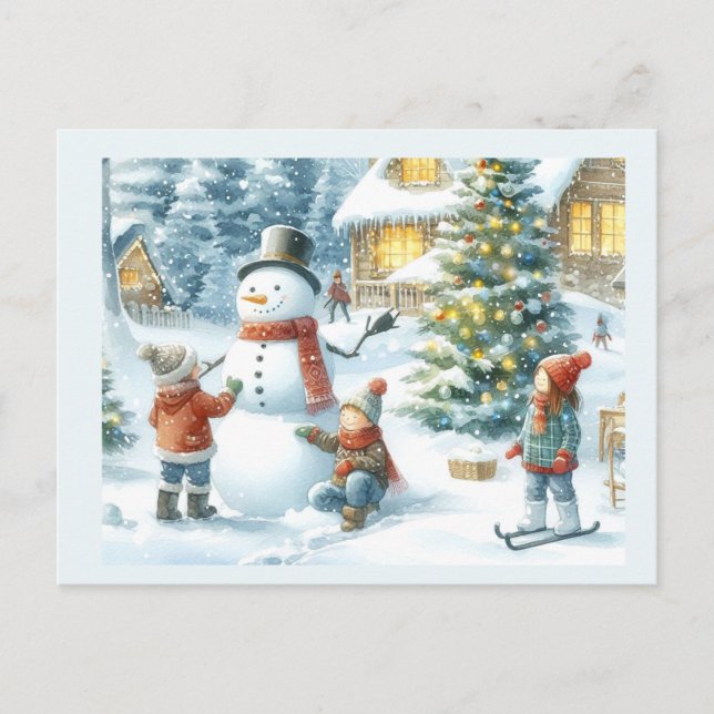 Carte Postale Arbre de Noël et bonhomme de neige de vacances  (Devant)