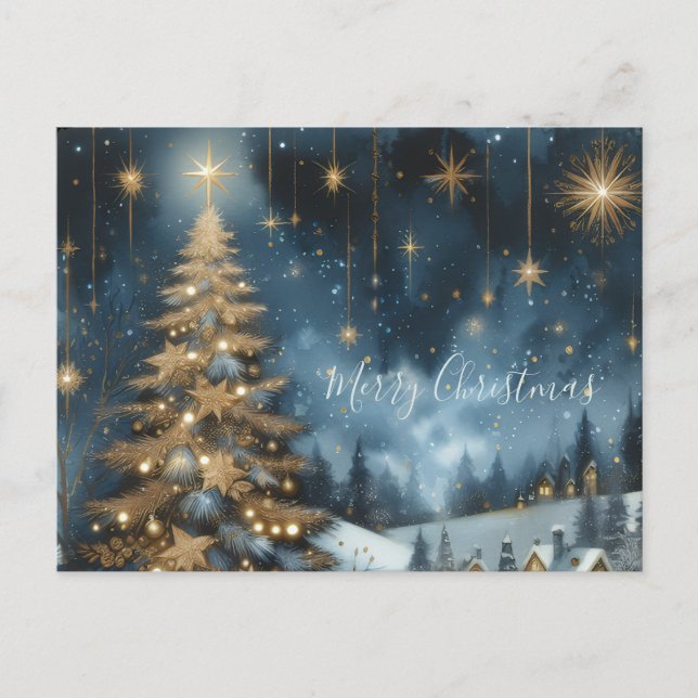 carte postale arbre de Noël et nuit étoilée (Devant)