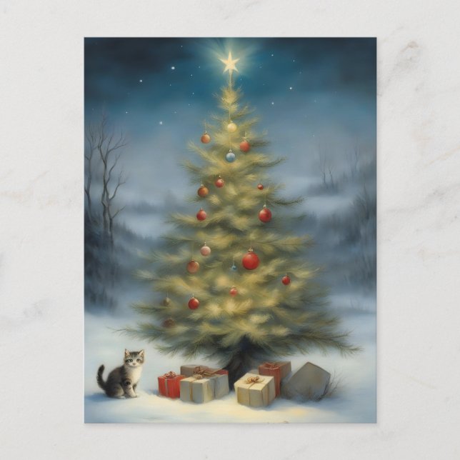 Carte Postale Arbre de Noël extérieur avec chaton et présents (Devant)