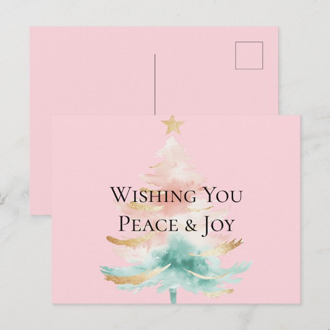 Carte Postale Arbre de Noël Gold Blush Pink Mint Peace Joie (Devant / Derrière)