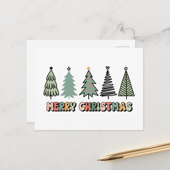 Carte Postale Arbre de Noël joyeux Noël rétro (Devant/Arrière en situation)