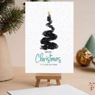 Carte Postale Arbre de Noël nuit ciel aquarelle, étoiles & neige