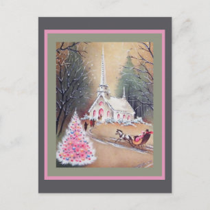 Carte Postale Arbre de Noël rose de l'église blanche
