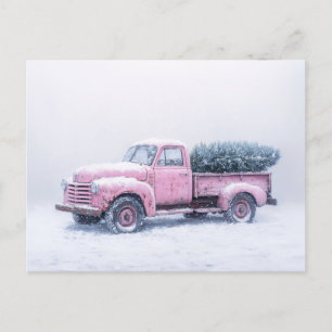 Carte Postale Arbre de Noël sous la tempête de neige avec camion