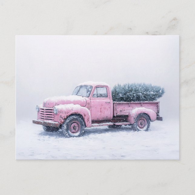 Carte Postale Arbre de Noël sous la tempête de neige avec camion (Devant)