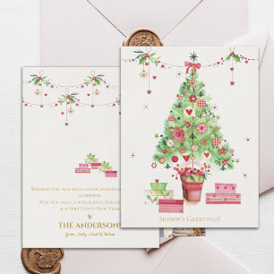 Carte Postale Arbre de Noël vert rose Joyeuses Fêtes