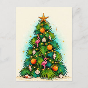 Carte Postale Arbre de palme avec flamants roses, oranges et coq