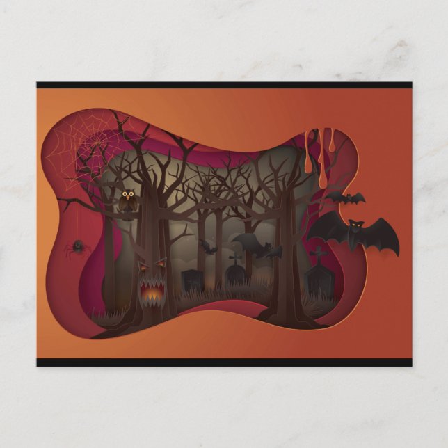 Carte Postale Arbre de Papier Halloween effrayant dans le cimeti (Devant)