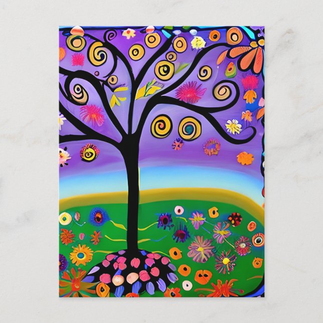 Carte Postale Arbre de style d'art populaire Whimsical | Salut (Devant)