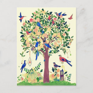 Carte Postale Arbre de vie avec oiseaux et fleurs