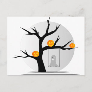 Carte Postale Arbre d'Halloween avec des citrouilles et un fantô