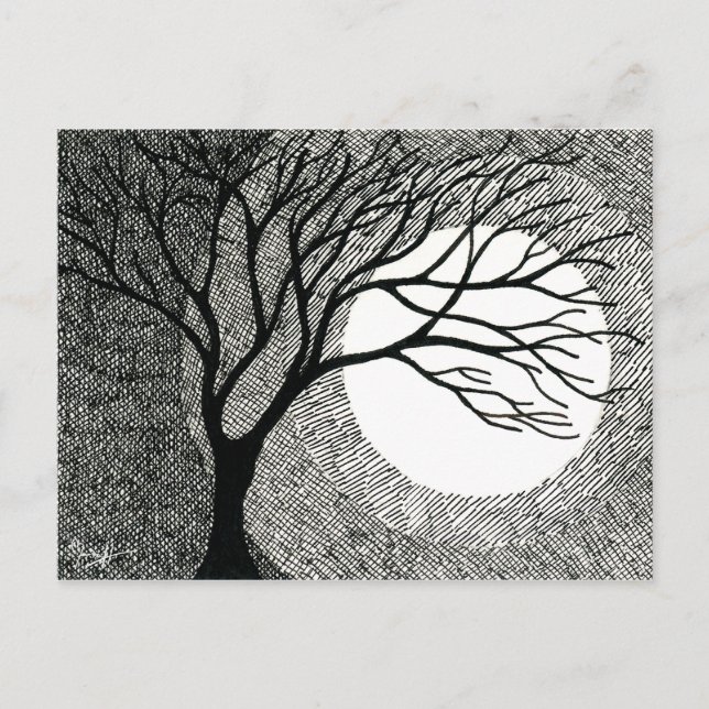 Carte Postale Arbre d'hiver et Lune en noir et blanc (Devant)