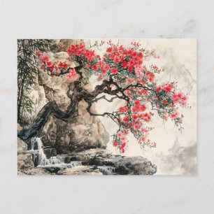 Carte Postale Arbre fleuri en aquarelle chinoise dans les montag