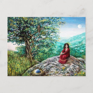 Carte Postale ARBRE MAGIQUE / Aube en bois vert et dame en rouge
