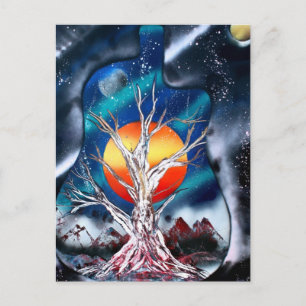 Carte Postale Arbre mort montagnes rouges espace planète jaune