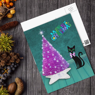 Carte Postale Arbre Rose Argent Noël Chat Noir Atomique Sarcelle
