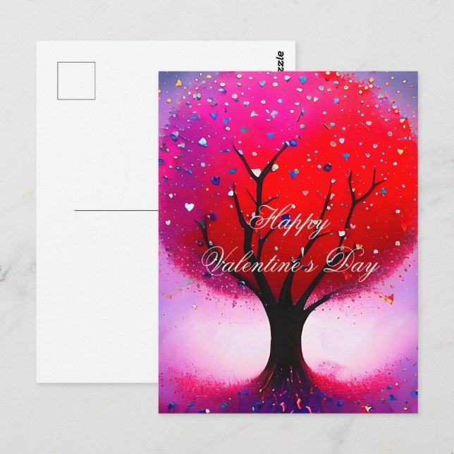 Carte Postale Arbre rouge et valentin à coeurs (Devant / Derrière)