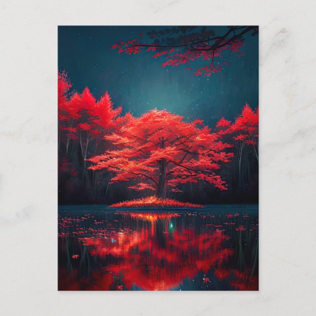 Carte Postale Arbre rouge frappant dans le lac nocturne (Devant)