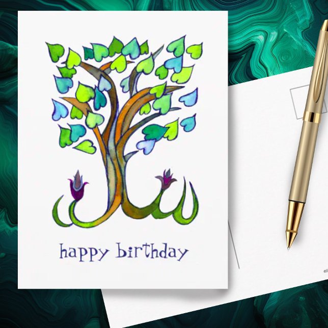 Carte Postale Arbre Sweet Heart JOYEUX ANNIVERSAIRE SUR MESURE (Pretty heart shaped leaves on this watercolor tree makes a cute custom birthday postcard)
