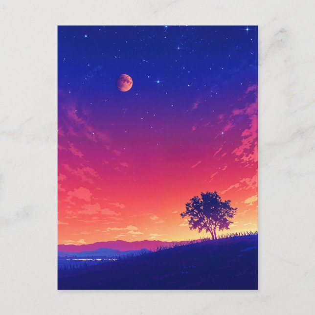 Carte Postale Arbre vibrant du coucher de soleil et Lune de sang (Devant)