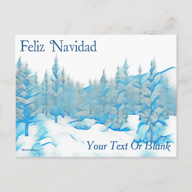 Carte Postale Arbres bleus enneigés - Feliz Navidad (Devant)
